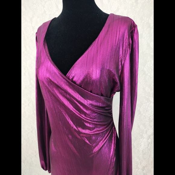 Shiny Wrap Bodycon Long Sleeve Deep V-neck Mini Dress Purple - Picture 2 of 10